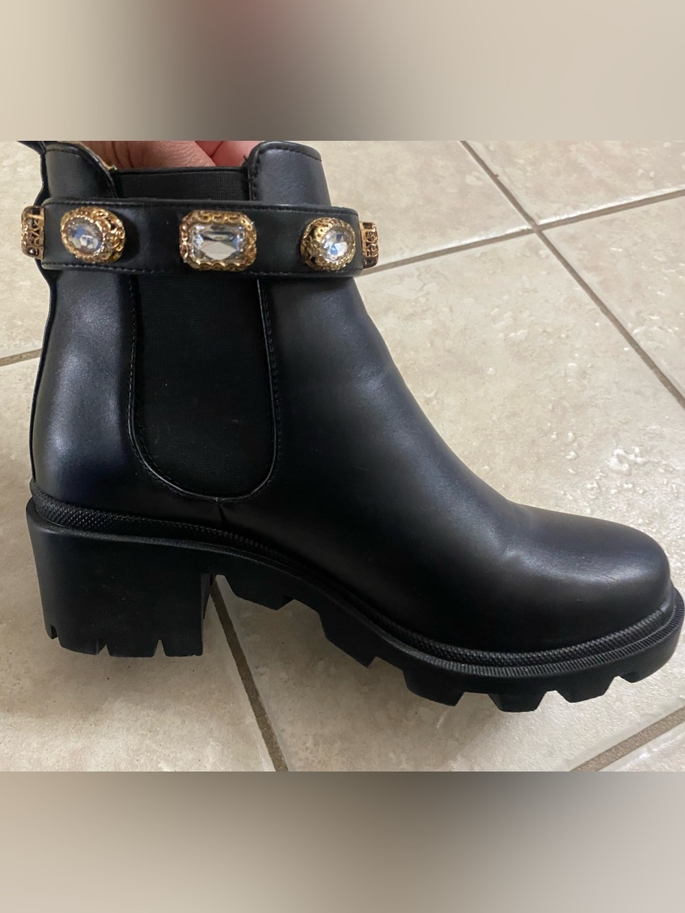 Steve Madden Black Ankle Boot with Gold Jeweled Velcro Strap